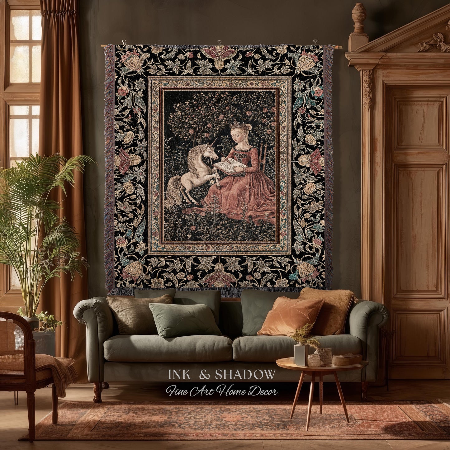 Victorian Storybook Floral Woven Blanket | Mystical Renaissance Fairytale Wall Tapestry Dark Cottagecore Ethereal Bedroom Royalcore Decor |