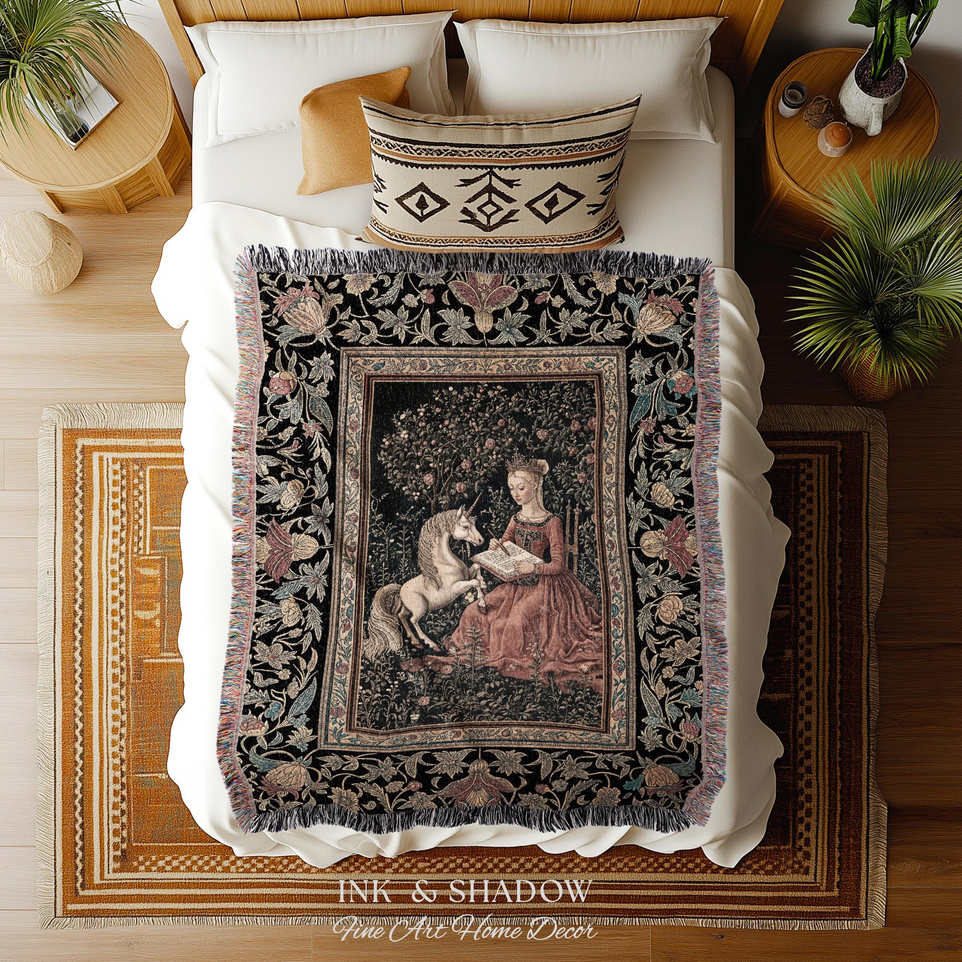 Victorian Storybook Floral Woven Blanket | Mystical Renaissance Fairytale Wall Tapestry Dark Cottagecore Ethereal Bedroom Royalcore Decor |