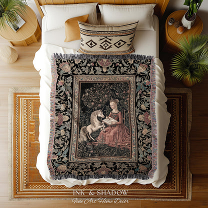 Victorian Storybook Floral Woven Blanket | Mystical Renaissance Fairytale Wall Tapestry Dark Cottagecore Ethereal Bedroom Royalcore Decor |