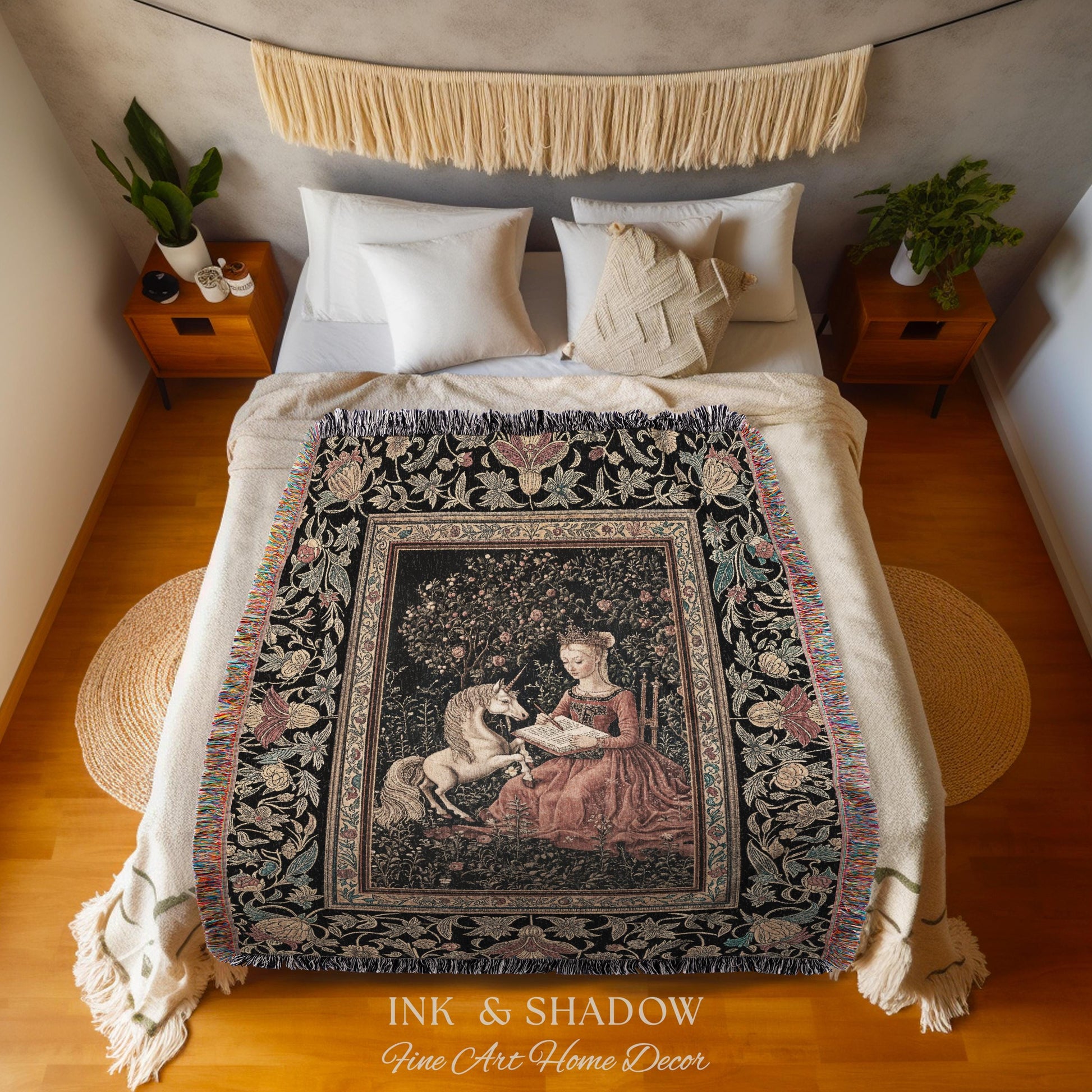 Victorian Storybook Floral Woven Blanket | Mystical Renaissance Fairytale Wall Tapestry Dark Cottagecore Ethereal Bedroom Royalcore Decor |