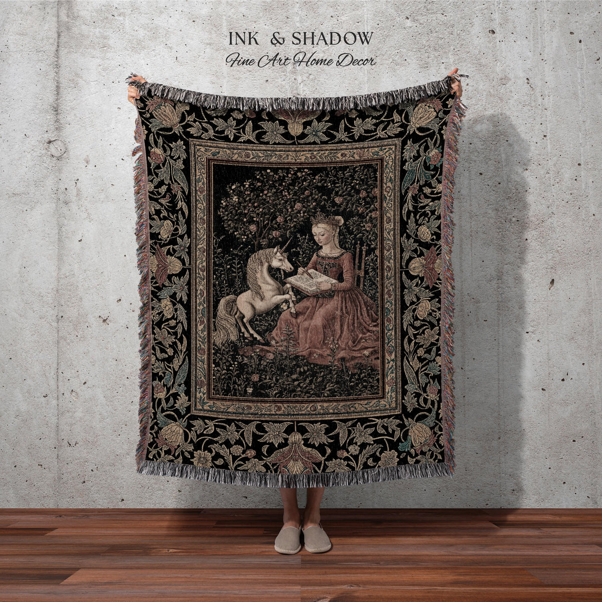 Victorian Storybook Floral Woven Blanket | Mystical Renaissance Fairytale Wall Tapestry Dark Cottagecore Ethereal Bedroom Royalcore Decor |