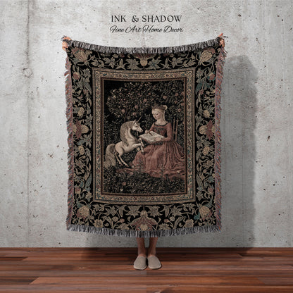 Victorian Storybook Floral Woven Blanket | Mystical Renaissance Fairytale Wall Tapestry Dark Cottagecore Ethereal Bedroom Royalcore Decor |