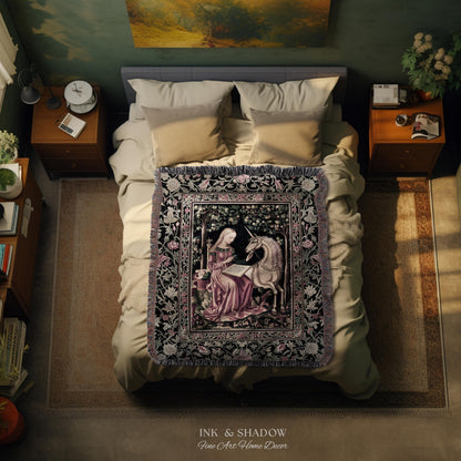 Cozy Storybook Reading Throw Blanket | Medieval Bedroom Unicorn Cottagecore Dark Academia Decor Fairytale Princess Rococo Woven Tapestry |