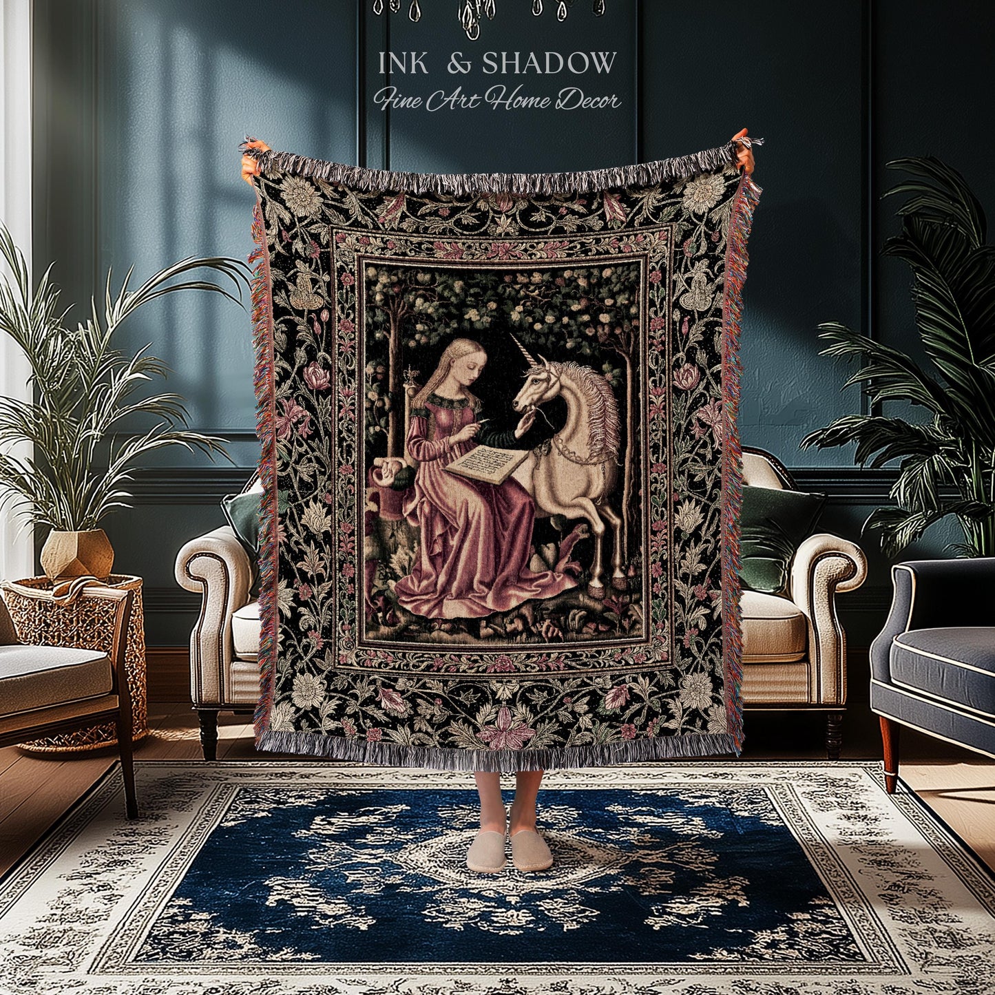 Cozy Storybook Reading Throw Blanket | Medieval Bedroom Unicorn Cottagecore Dark Academia Decor Fairytale Princess Rococo Woven Tapestry |