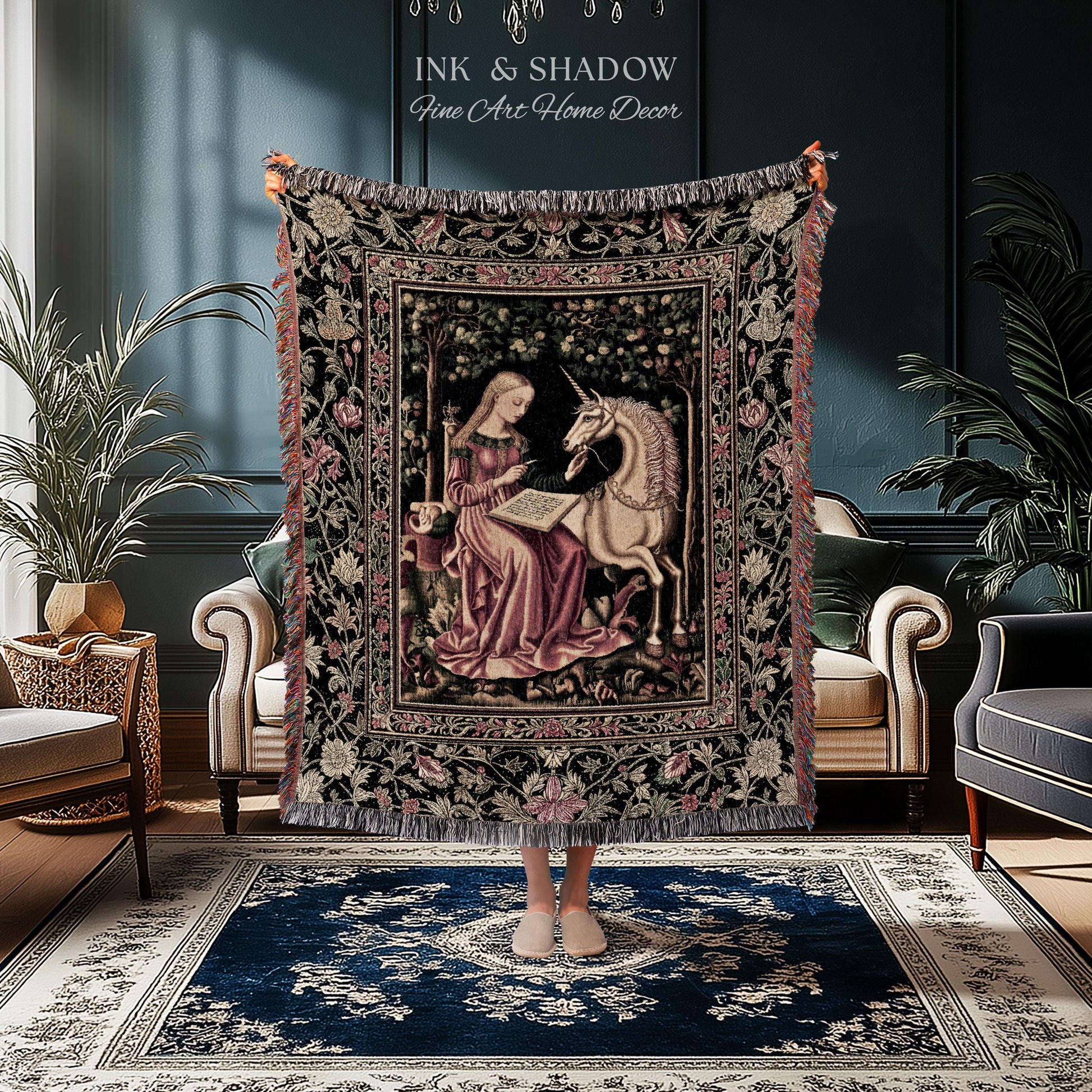 Cozy Storybook Reading Throw Blanket | Medieval Bedroom Unicorn Cottagecore Dark Academia Decor Fairytale Princess Rococo Woven Tapestry |