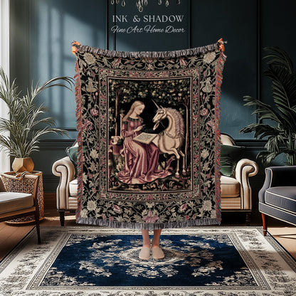 Cozy Storybook Reading Throw Blanket | Medieval Bedroom Unicorn Cottagecore Dark Academia Decor Fairytale Princess Rococo Woven Tapestry |