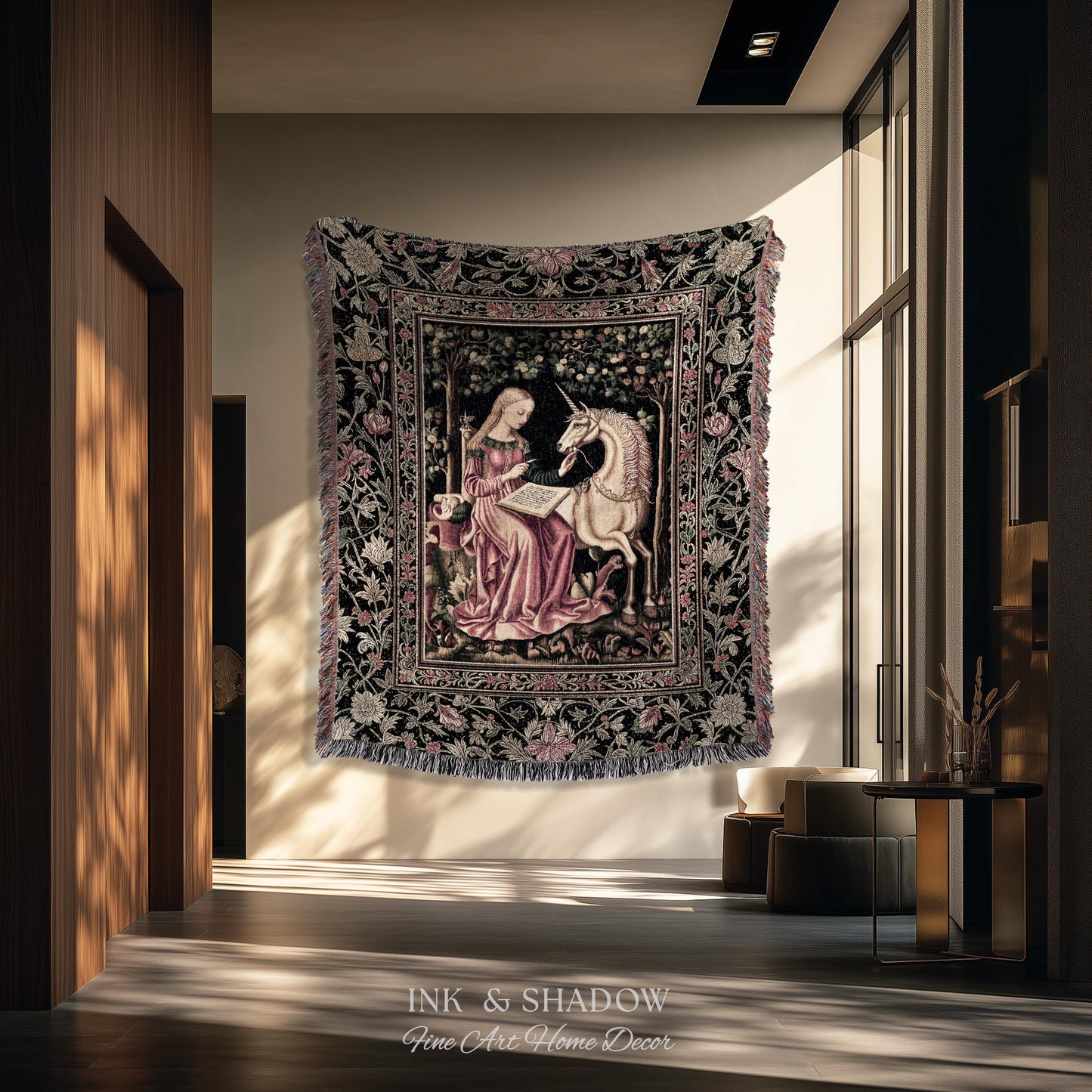 Cozy Storybook Reading Throw Blanket | Medieval Bedroom Unicorn Cottagecore Dark Academia Decor Fairytale Princess Rococo Woven Tapestry |
