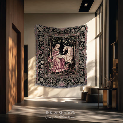 Cozy Storybook Reading Throw Blanket | Medieval Bedroom Unicorn Cottagecore Dark Academia Decor Fairytale Princess Rococo Woven Tapestry |