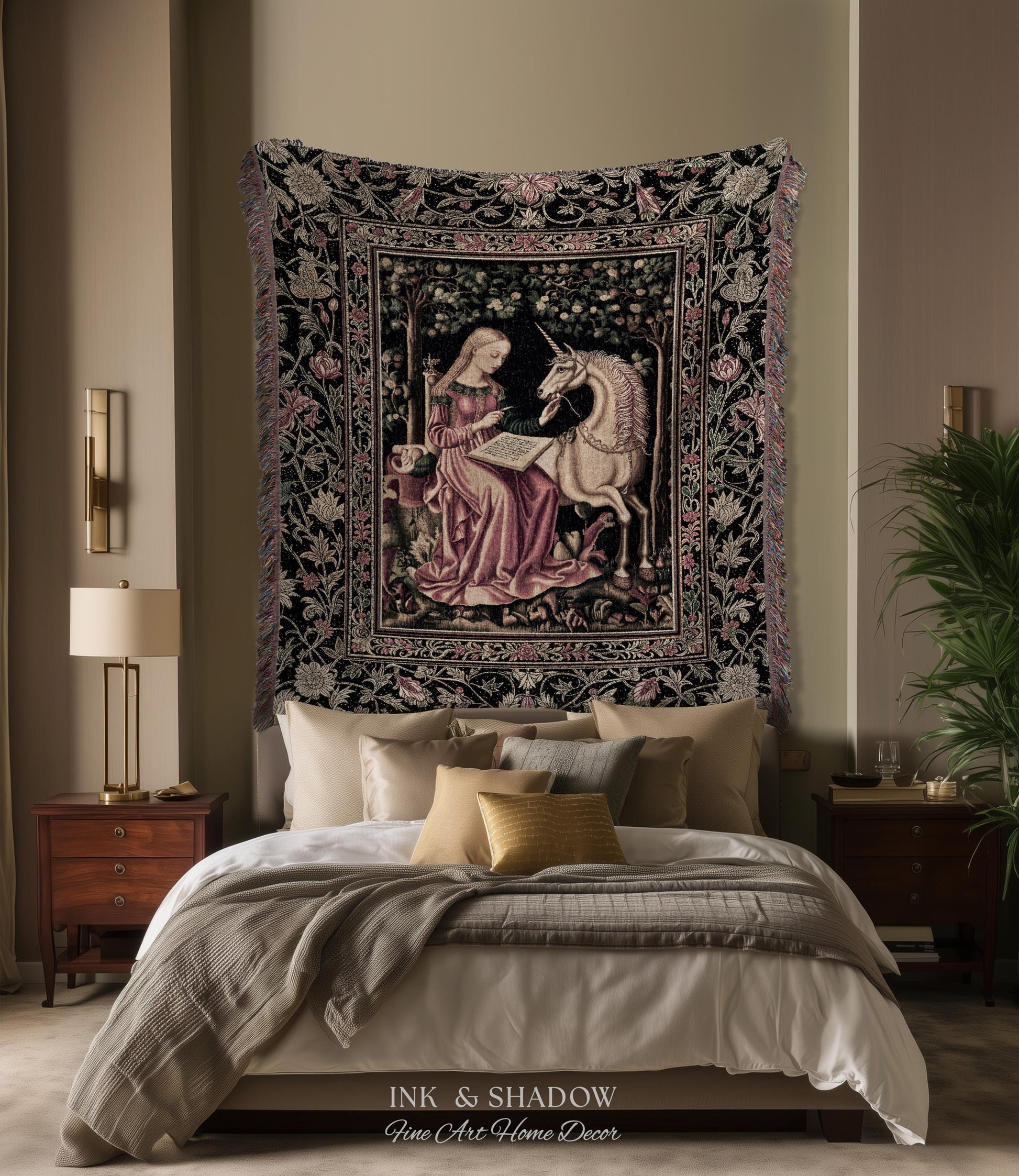 Cozy Storybook Reading Throw Blanket | Medieval Bedroom Unicorn Cottagecore Dark Academia Decor Fairytale Princess Rococo Woven Tapestry |