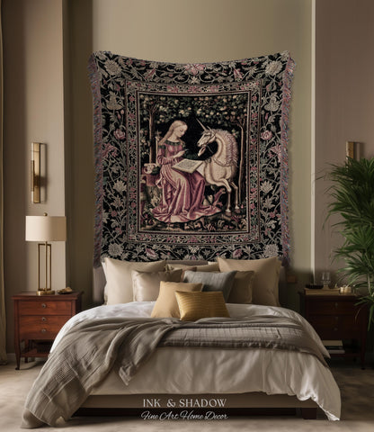 Cozy Storybook Reading Throw Blanket | Medieval Bedroom Unicorn Cottagecore Dark Academia Decor Fairytale Princess Rococo Woven Tapestry |