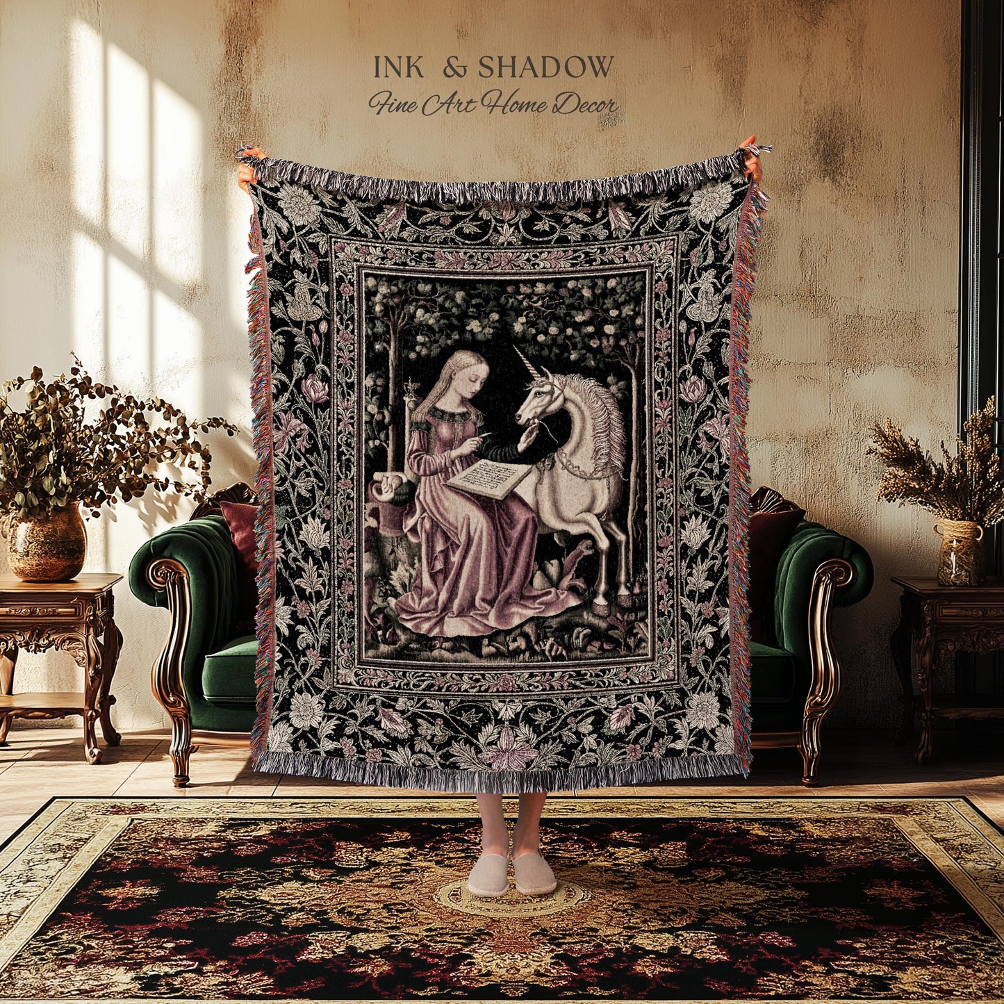Cozy Storybook Reading Throw Blanket | Medieval Bedroom Unicorn Cottagecore Dark Academia Decor Fairytale Princess Rococo Woven Tapestry |