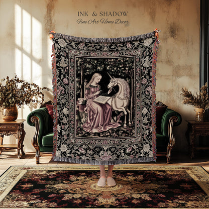 Cozy Storybook Reading Throw Blanket | Medieval Bedroom Unicorn Cottagecore Dark Academia Decor Fairytale Princess Rococo Woven Tapestry |