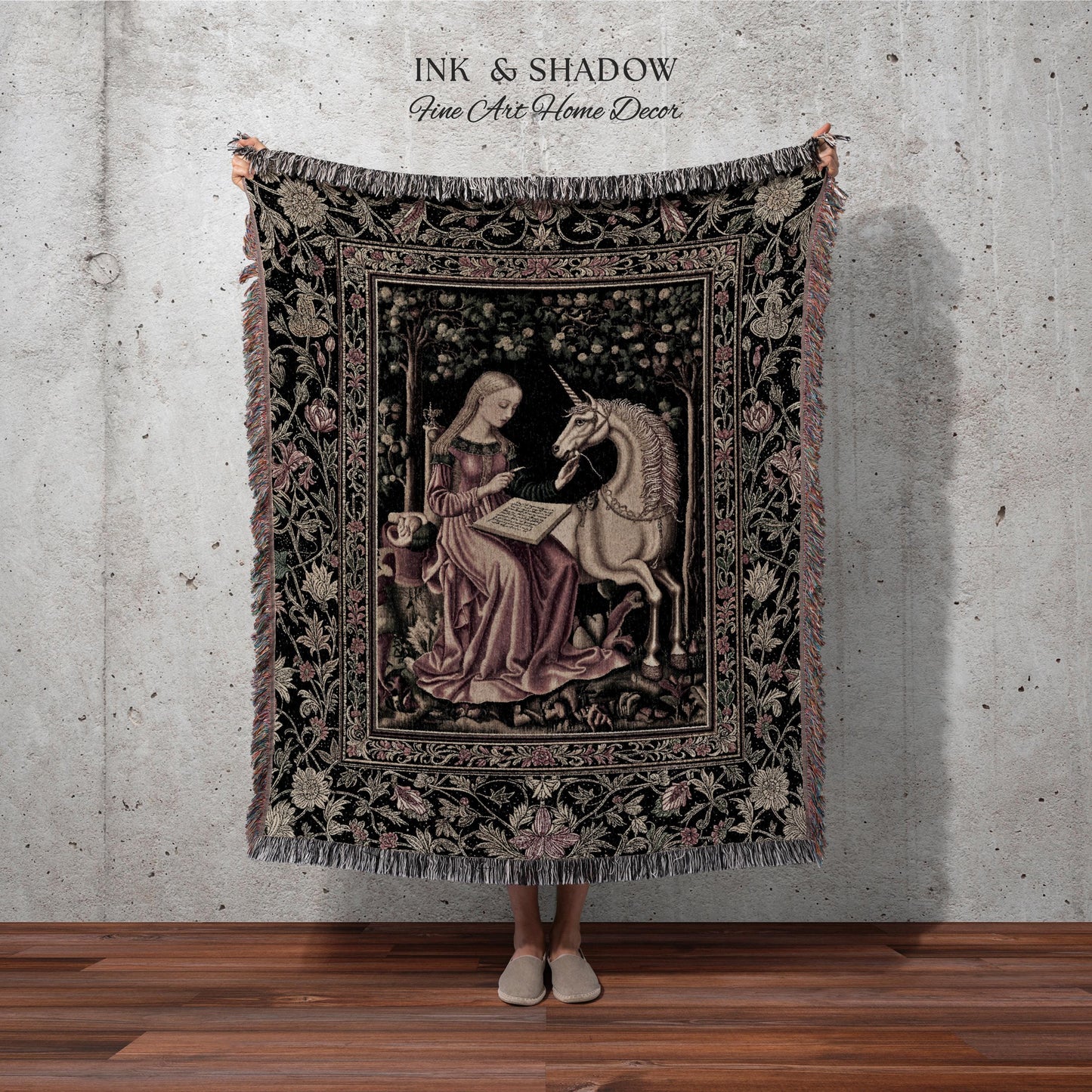 Cozy Storybook Reading Throw Blanket | Medieval Bedroom Unicorn Cottagecore Dark Academia Decor Fairytale Princess Rococo Woven Tapestry |