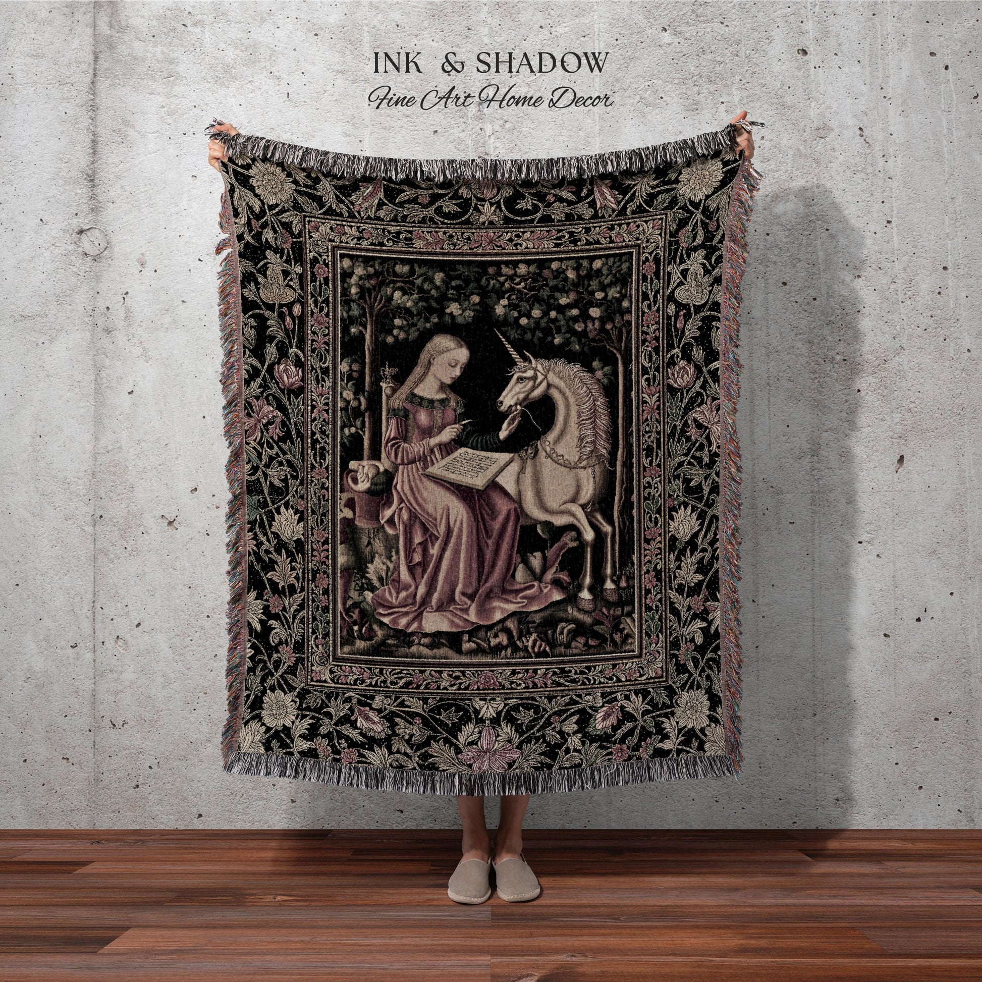 Cozy Storybook Reading Throw Blanket | Medieval Bedroom Unicorn Cottagecore Dark Academia Decor Fairytale Princess Rococo Woven Tapestry |