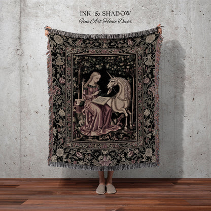 Cozy Storybook Reading Throw Blanket | Medieval Bedroom Unicorn Cottagecore Dark Academia Decor Fairytale Princess Rococo Woven Tapestry |