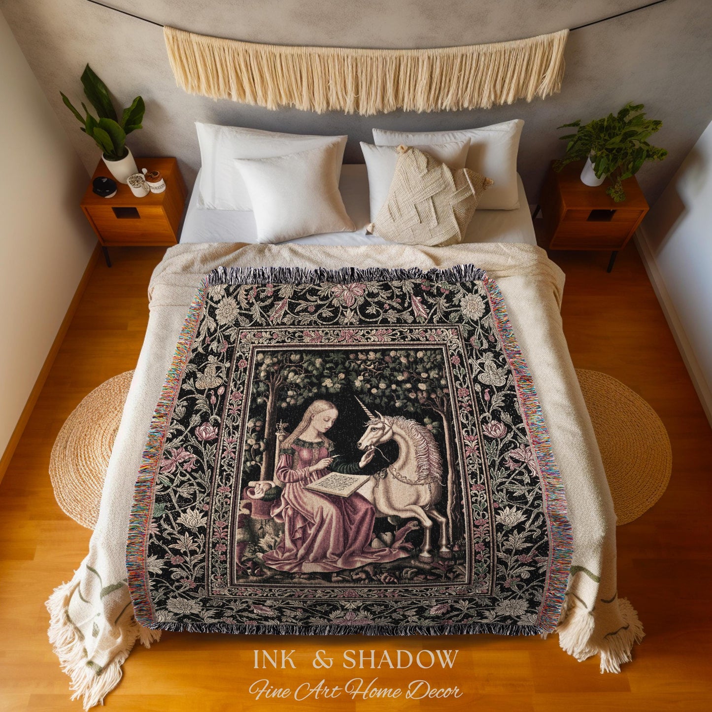 Cozy Storybook Reading Throw Blanket | Medieval Bedroom Unicorn Cottagecore Dark Academia Decor Fairytale Princess Rococo Woven Tapestry |