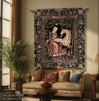 Cozy Storybook Reading Throw Blanket | Medieval Bedroom Unicorn Cottagecore Dark Academia Decor Fairytale Princess Rococo Woven Tapestry |