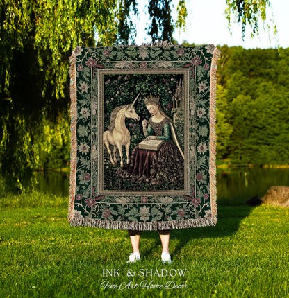 Whimsical Medieval Fantasy Throw Blanket | Rustic Storybook Cottagecore Coquette Regal Aesthetic Woven Tapestry Dark Royalcore Folklore |