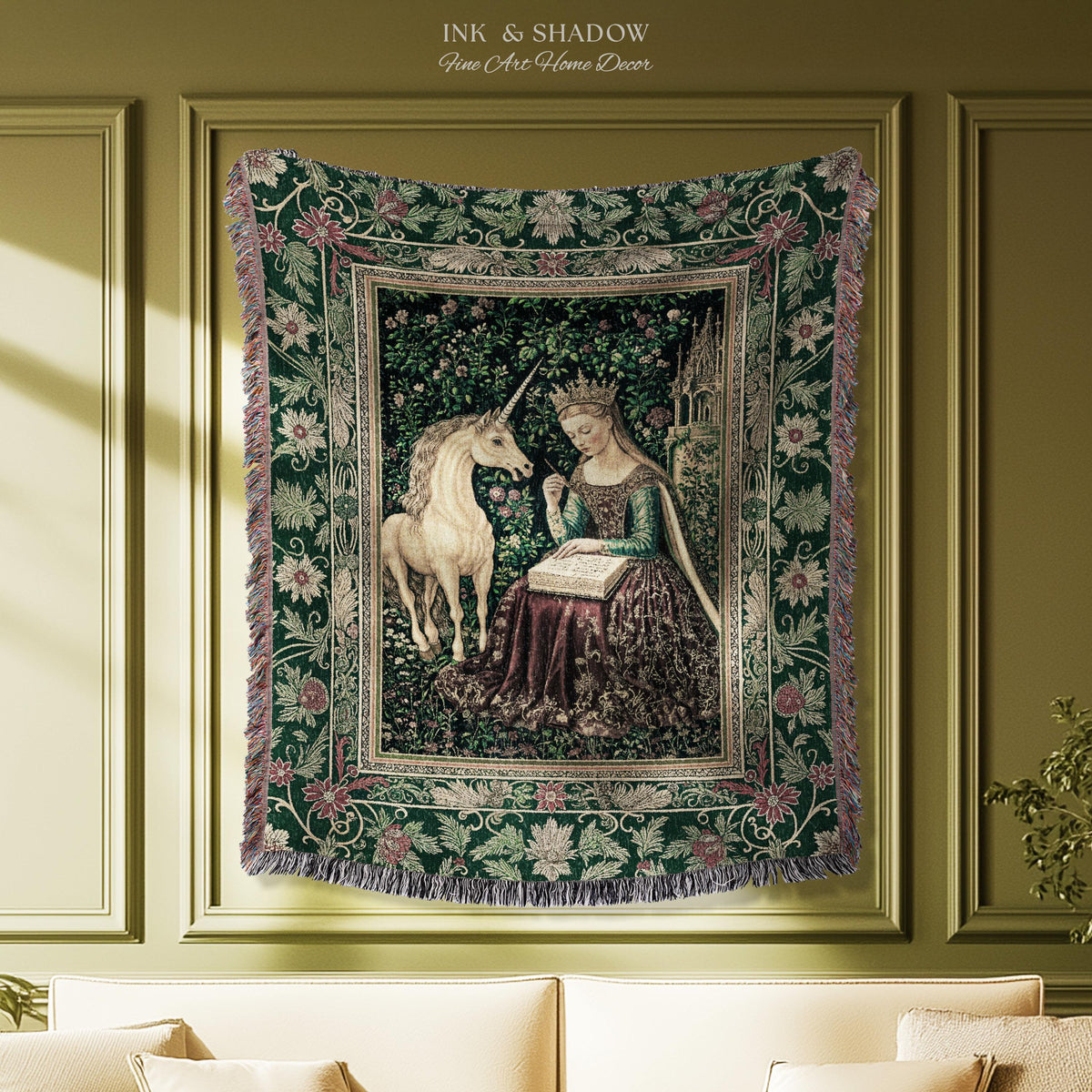 Whimsical Medieval Fantasy Throw Blanket | Rustic Storybook Cottagecore Coquette Regal Aesthetic Woven Tapestry Dark Royalcore Folklore |