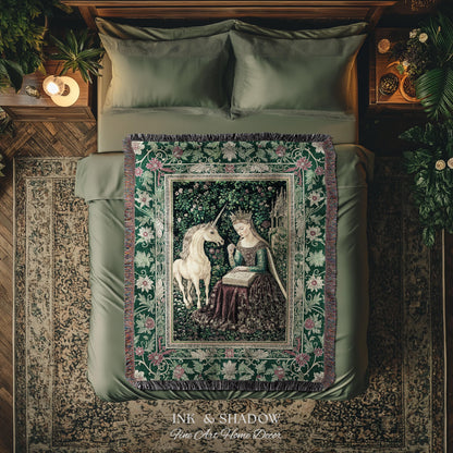 Whimsical Medieval Fantasy Throw Blanket | Rustic Storybook Cottagecore Coquette Regal Aesthetic Woven Tapestry Dark Royalcore Folklore |