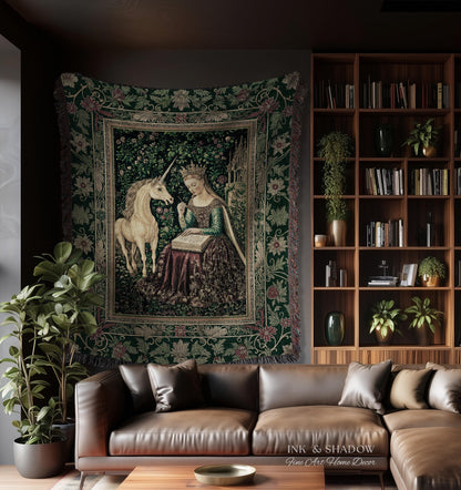 Whimsical Medieval Fantasy Throw Blanket | Rustic Storybook Cottagecore Coquette Regal Aesthetic Woven Tapestry Dark Royalcore Folklore |