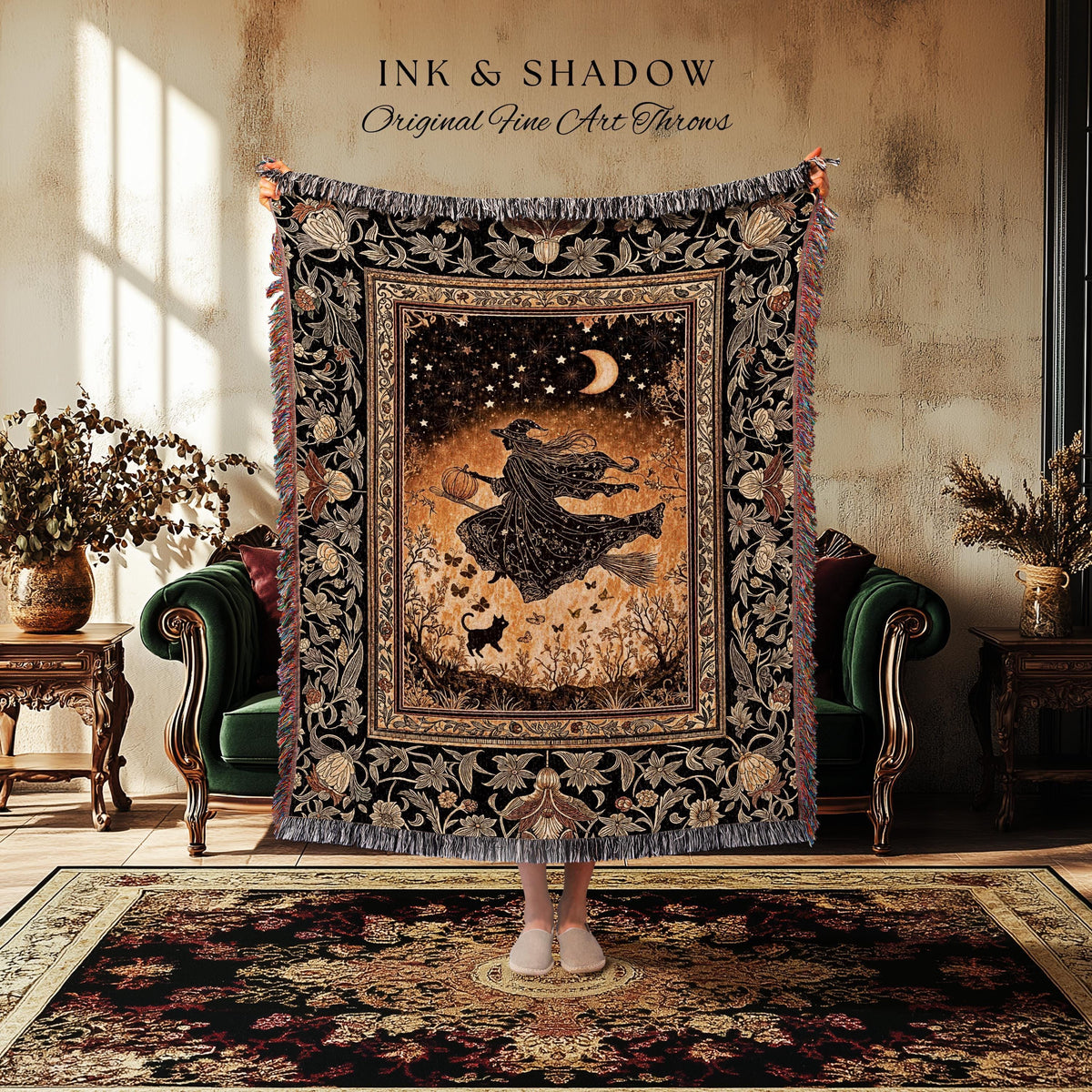 Amber Witch Gothic Folklore Blanket | Celestial Black Cat Halloween Decor Maximalist Woven Wall Tapestry Folklore Aesthetic Cottagecore |