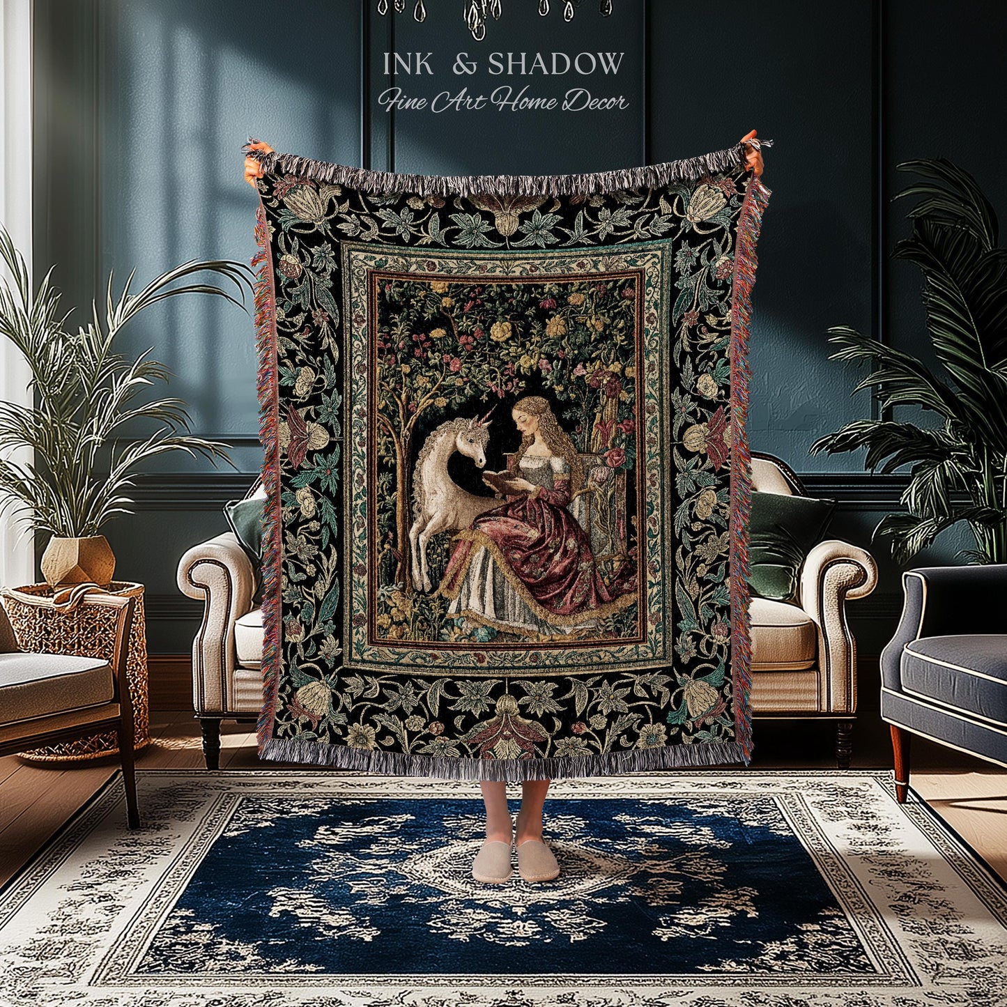 Royal Fairytale Botanical Throw Blanket | Rococo Storybook Decor Cottagecore Medieval Romance Princesscore Woven Tapestry Gothic Bedroom |