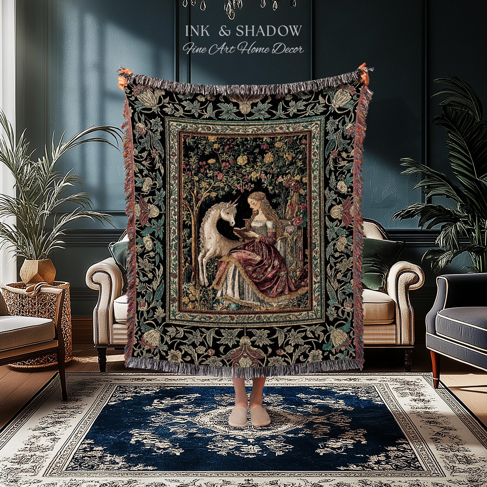 Royal Fairytale Botanical Throw Blanket | Rococo Storybook Decor Cottagecore Medieval Romance Princesscore Woven Tapestry Gothic Bedroom |