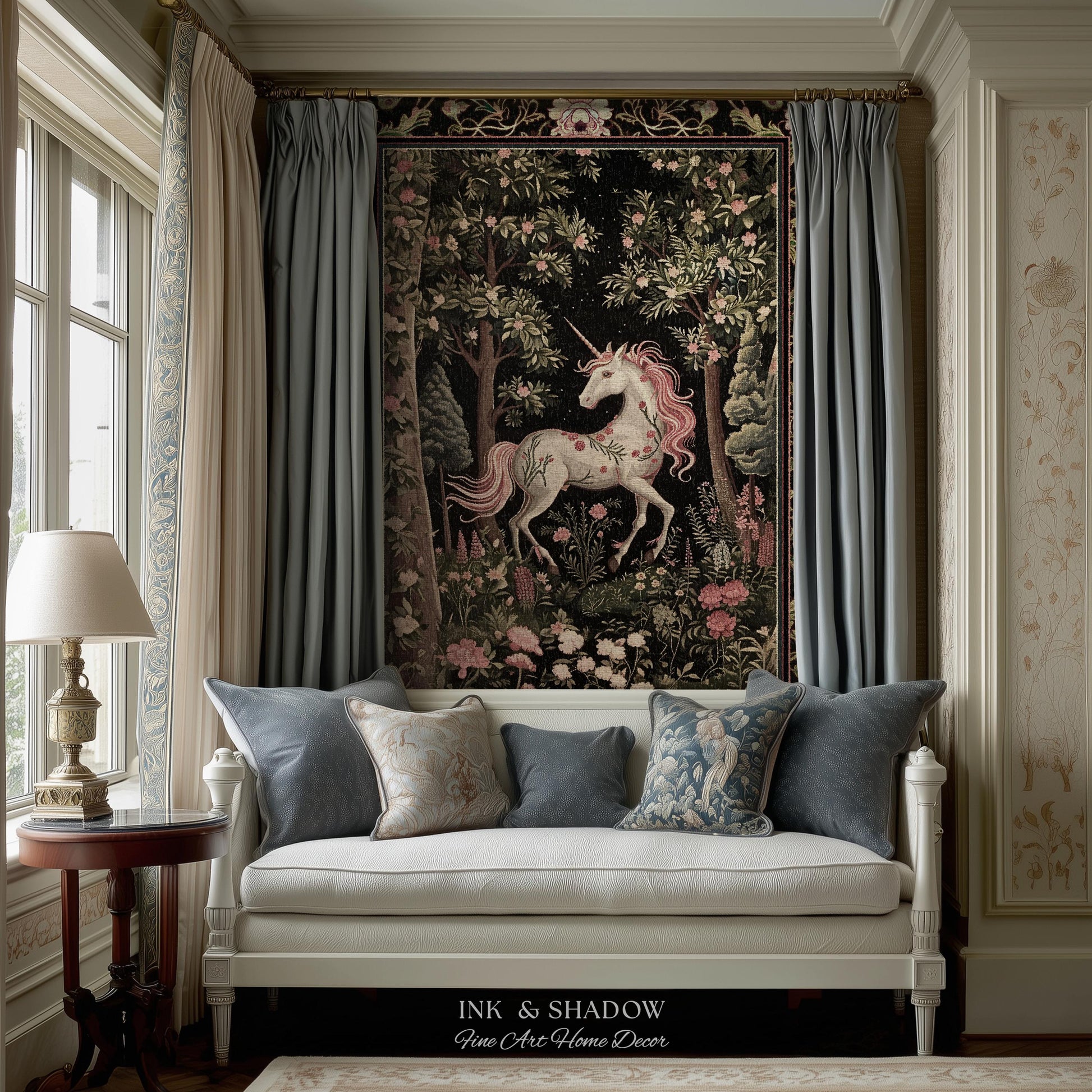Enchanted Forest Unicorn Woven Throw Blanket Mystical Medieval Tapestry | Romantic Baroque Art Renaissance Decor Fairycore Vintage Aesthetic