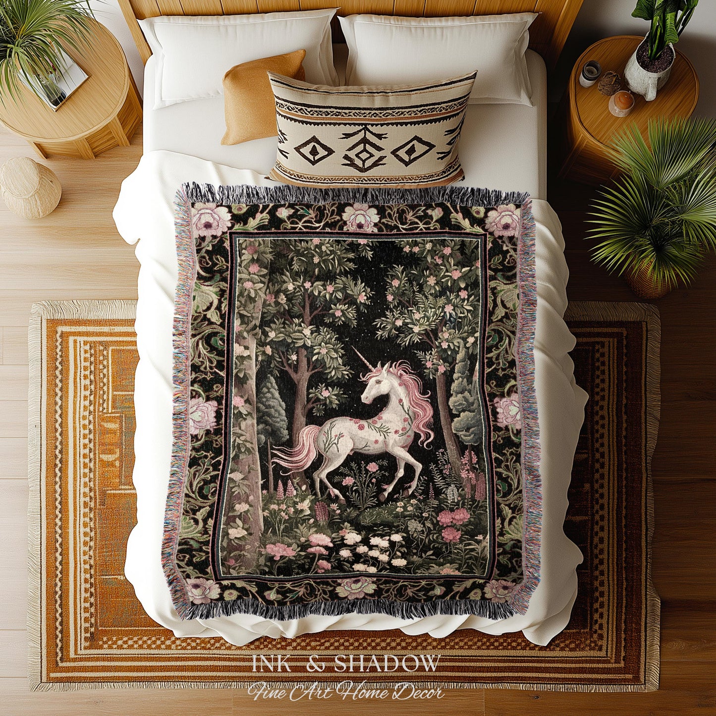 Enchanted Forest Unicorn Woven Throw Blanket Mystical Medieval Tapestry | Romantic Baroque Art Renaissance Decor Fairycore Vintage Aesthetic