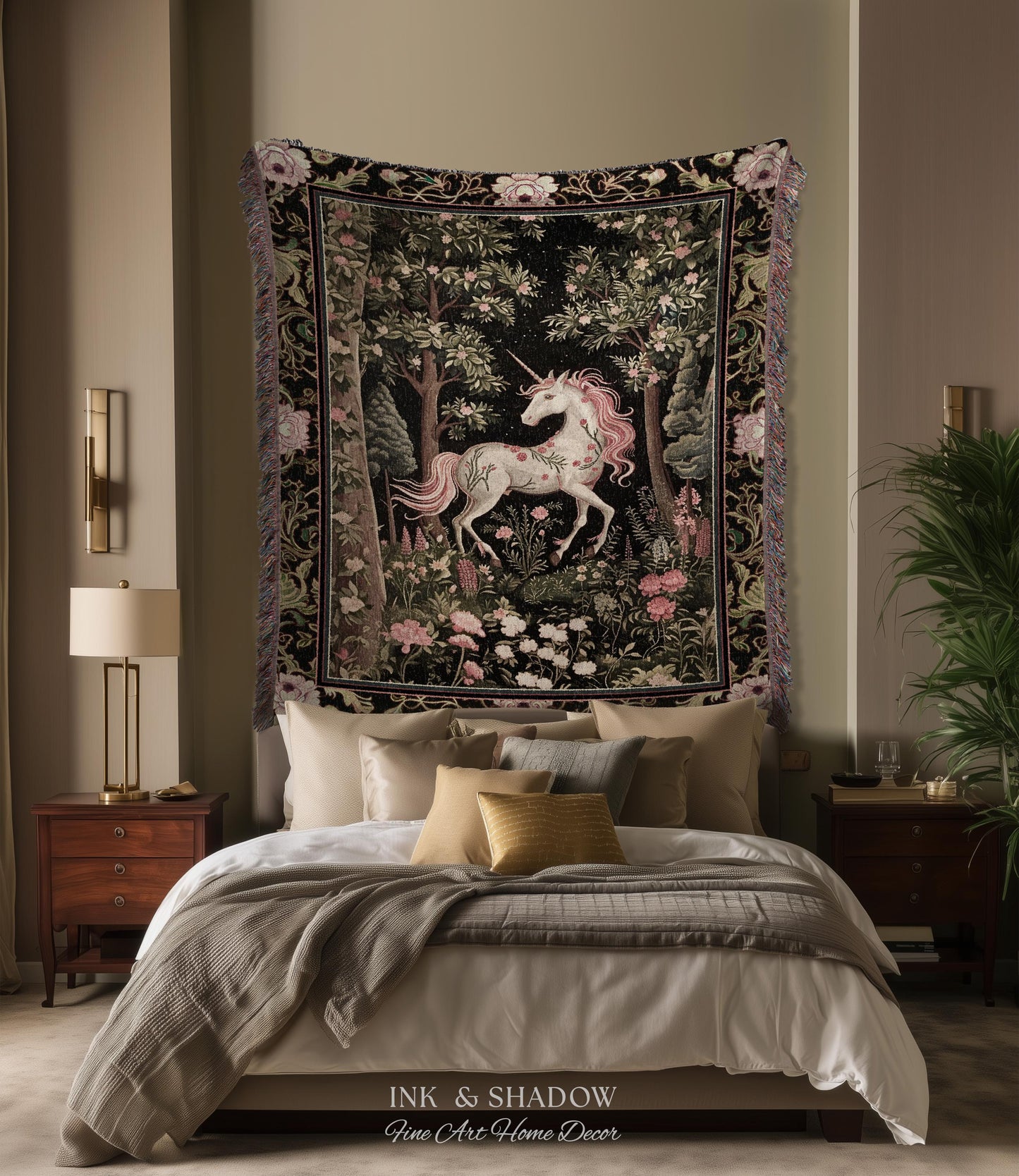 Enchanted Forest Unicorn Woven Throw Blanket Mystical Medieval Tapestry | Romantic Baroque Art Renaissance Decor Fairycore Vintage Aesthetic