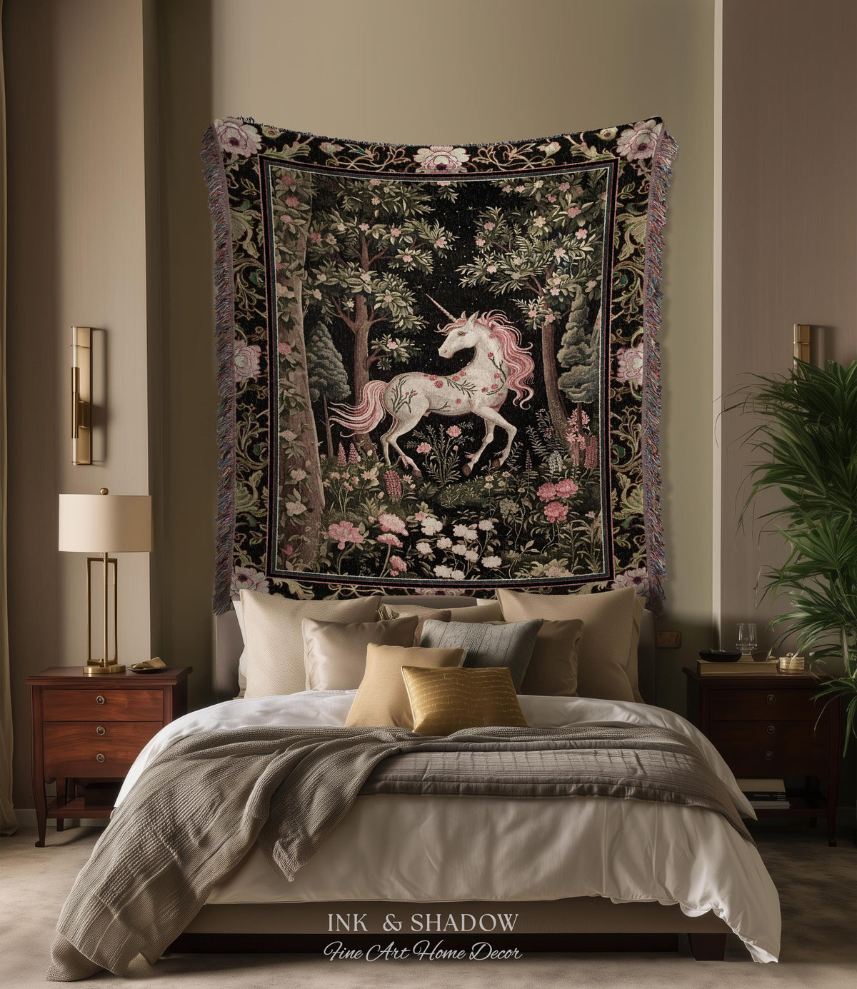 Enchanted Forest Unicorn Woven Throw Blanket Mystical Medieval Tapestry | Romantic Baroque Art Renaissance Decor Fairycore Vintage Aesthetic