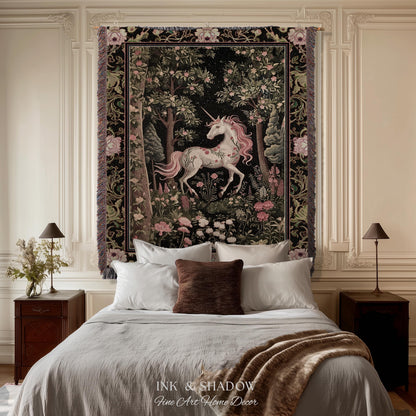 Enchanted Forest Unicorn Woven Throw Blanket Mystical Medieval Tapestry | Romantic Baroque Art Renaissance Decor Fairycore Vintage Aesthetic
