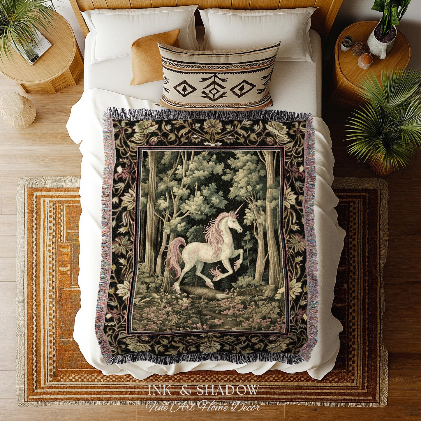 Medieval Unicorn Tapestry Blanket Dark Woodland Aesthetic | Enchanted Forest Decor Whimsical Cottagecore Fantasy Art Mystic Forestcore Throw