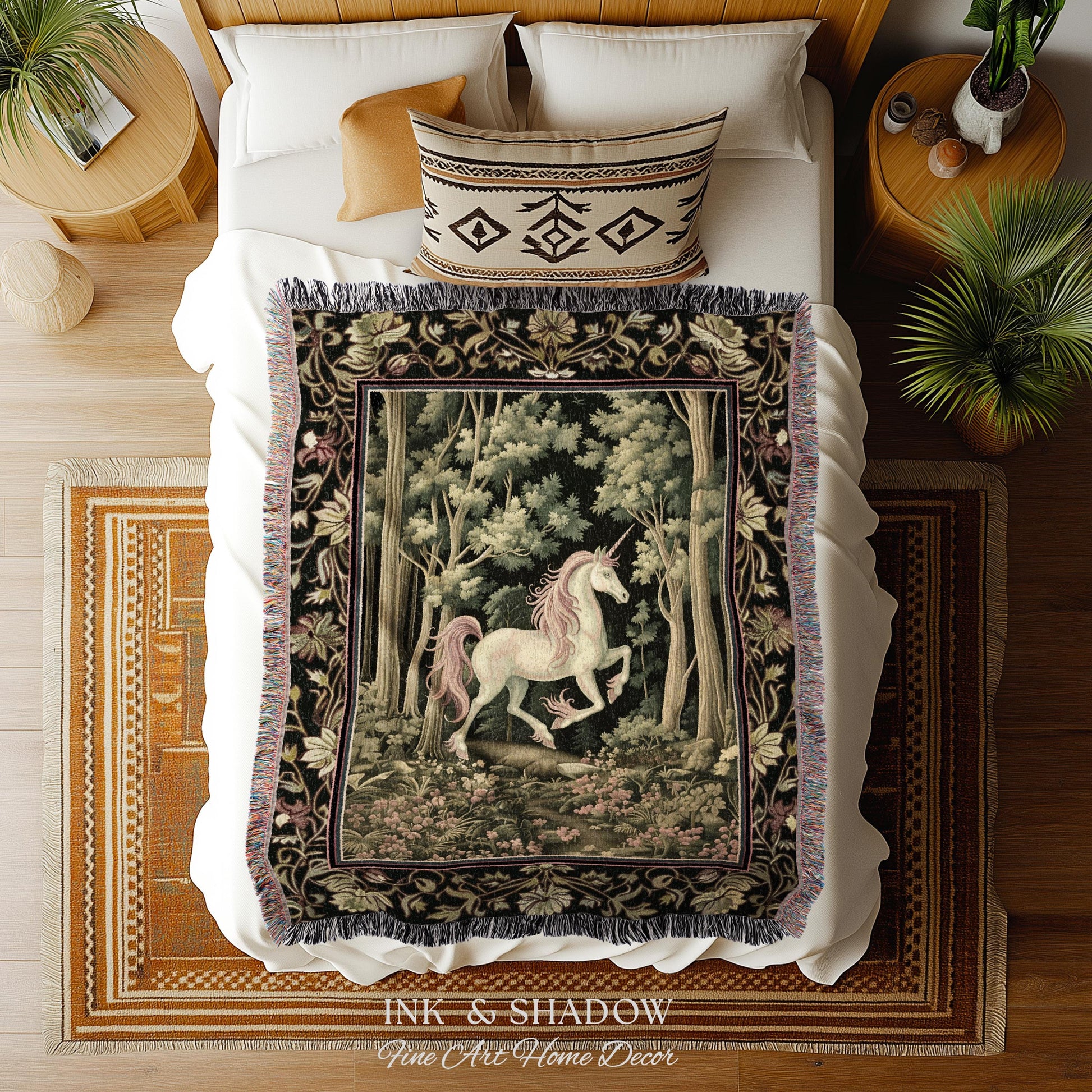 Medieval Unicorn Tapestry Blanket Dark Woodland Aesthetic | Enchanted Forest Decor Whimsical Cottagecore Fantasy Art Mystic Forestcore Throw
