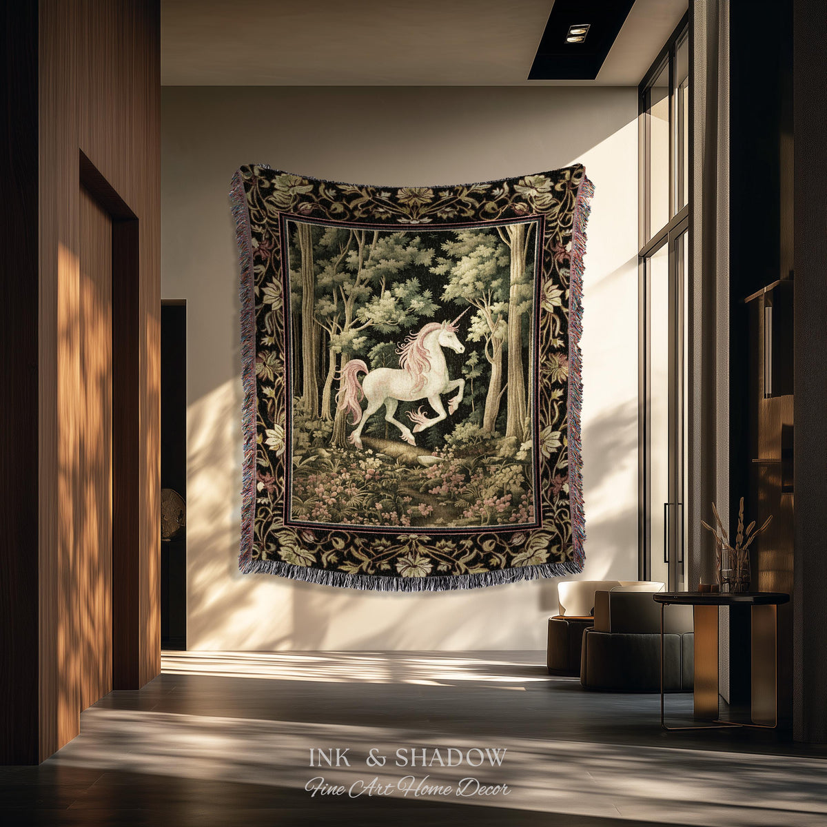 Medieval Unicorn Tapestry Blanket Dark Woodland Aesthetic | Enchanted Forest Decor Whimsical Cottagecore Fantasy Art Mystic Forestcore Throw