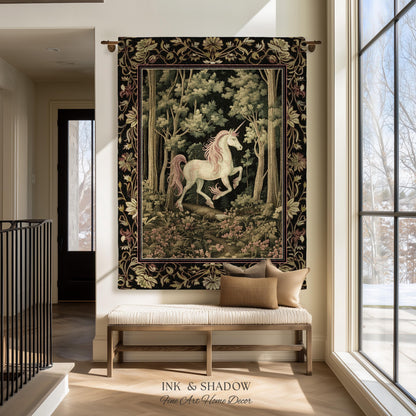 Medieval Unicorn Tapestry Blanket Dark Woodland Aesthetic | Enchanted Forest Decor Whimsical Cottagecore Fantasy Art Mystic Forestcore Throw