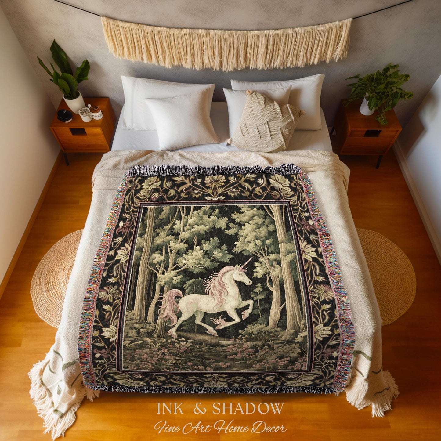 Medieval Unicorn Tapestry Blanket Dark Woodland Aesthetic | Enchanted Forest Decor Whimsical Cottagecore Fantasy Art Mystic Forestcore Throw