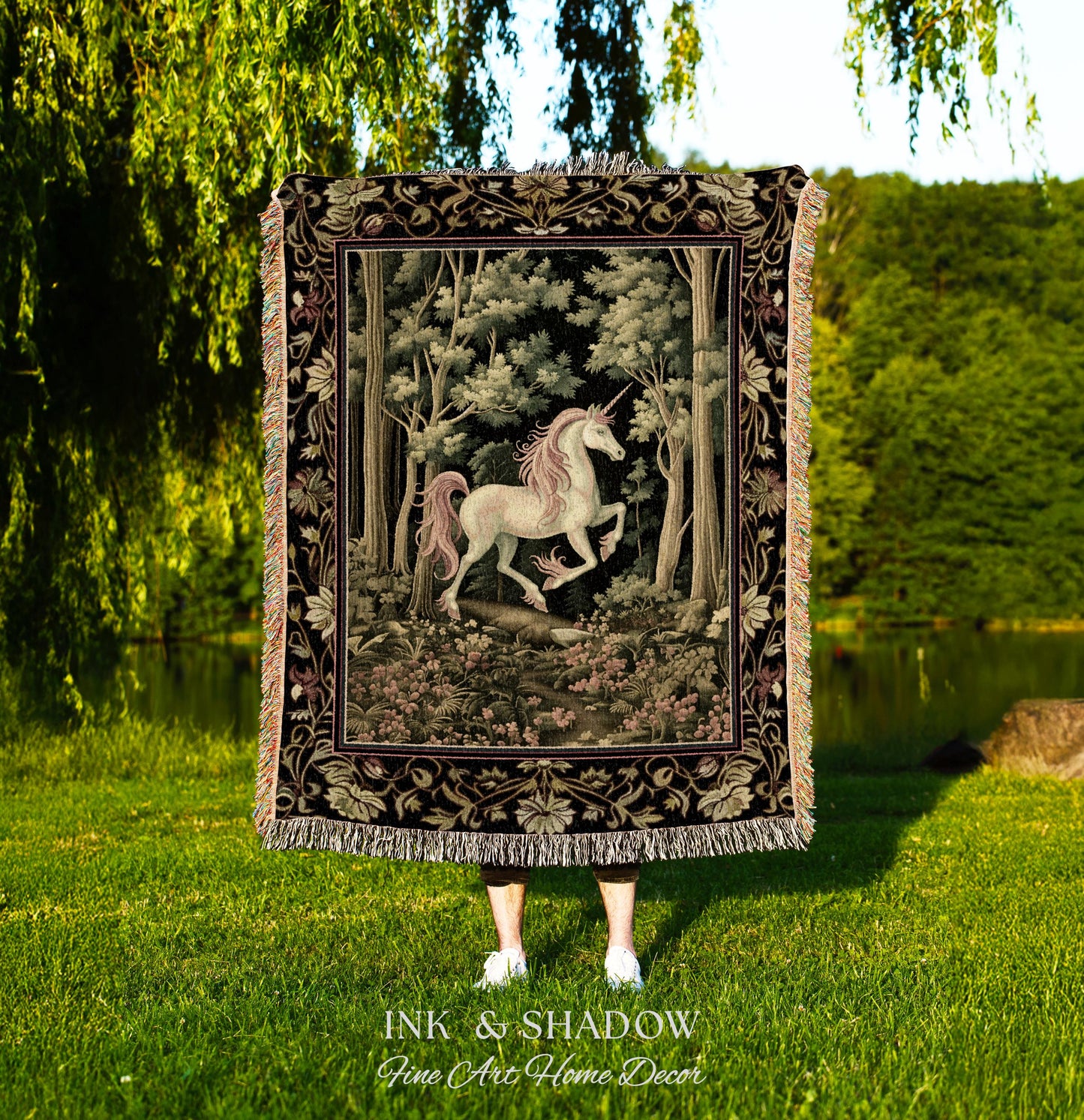 Medieval Unicorn Tapestry Blanket Dark Woodland Aesthetic | Enchanted Forest Decor Whimsical Cottagecore Fantasy Art Mystic Forestcore Throw