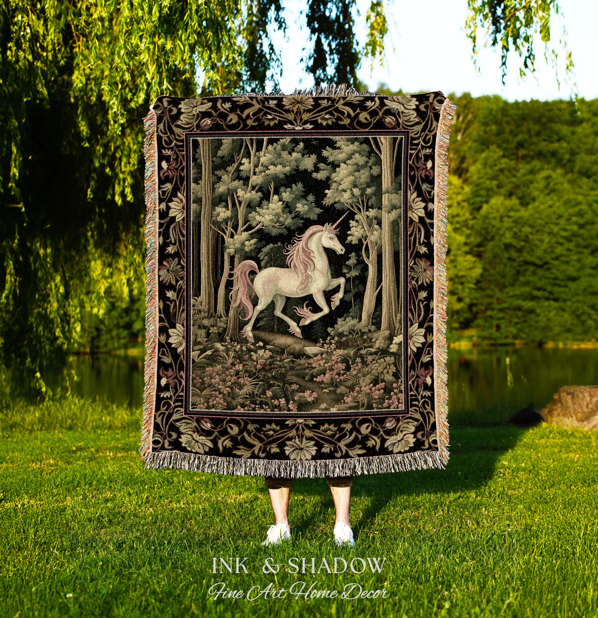 Medieval Unicorn Tapestry Blanket Dark Woodland Aesthetic | Enchanted Forest Decor Whimsical Cottagecore Fantasy Art Mystic Forestcore Throw