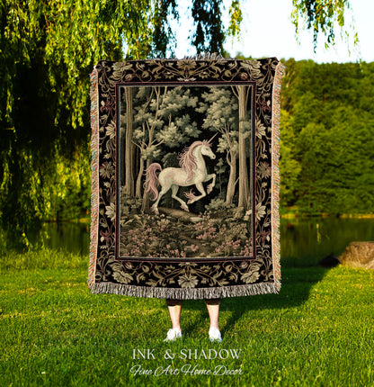 Medieval Unicorn Tapestry Blanket Dark Woodland Aesthetic | Enchanted Forest Decor Whimsical Cottagecore Fantasy Art Mystic Forestcore Throw
