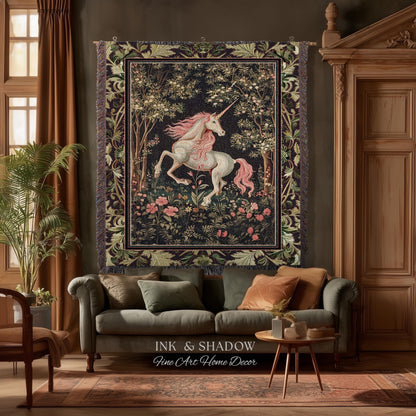 Whimsical Enchanted Unicorn Blanket Victorian Gothic Tapestry Blanket | Dark Cottagecore Throw Renaissance Folklore Baroque Aesthetic Decor