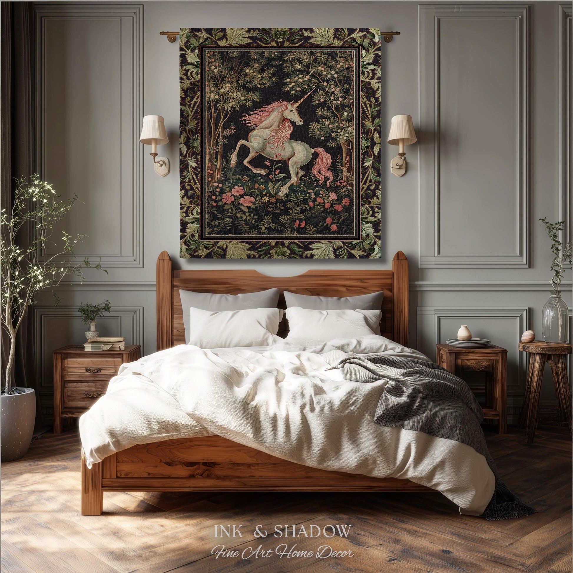 Whimsical Enchanted Unicorn Blanket Victorian Gothic Tapestry Blanket | Dark Cottagecore Throw Renaissance Folklore Baroque Aesthetic Decor