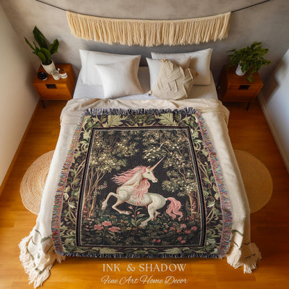 Whimsical Enchanted Unicorn Blanket Victorian Gothic Tapestry Blanket | Dark Cottagecore Throw Renaissance Folklore Baroque Aesthetic Decor