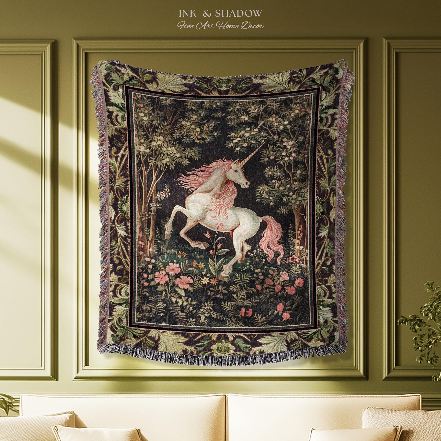 Whimsical Enchanted Unicorn Blanket Victorian Gothic Tapestry Blanket | Dark Cottagecore Throw Renaissance Folklore Baroque Aesthetic Decor