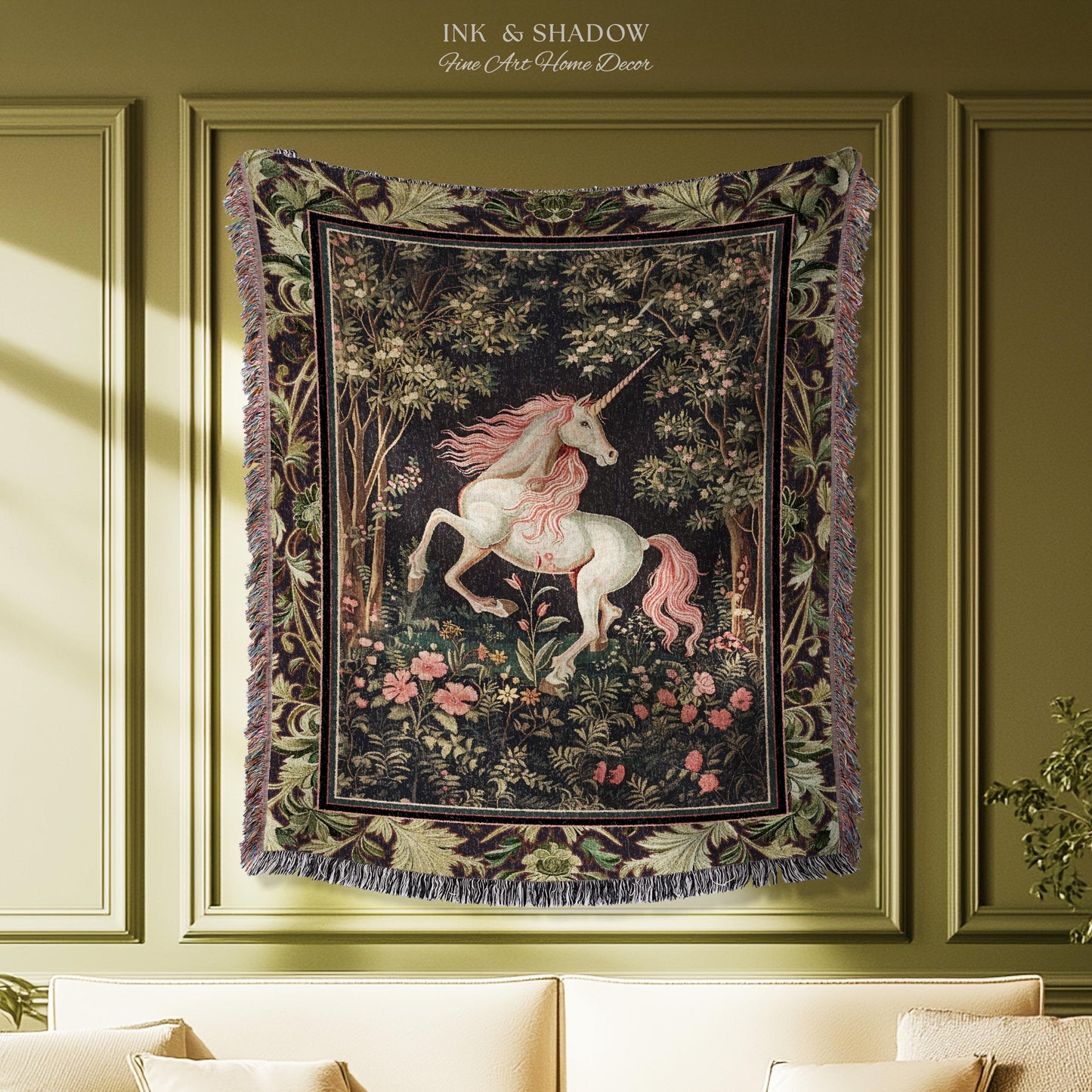 Whimsical Enchanted Unicorn Blanket Victorian Gothic Tapestry Blanket | Dark Cottagecore Throw Renaissance Folklore Baroque Aesthetic Decor