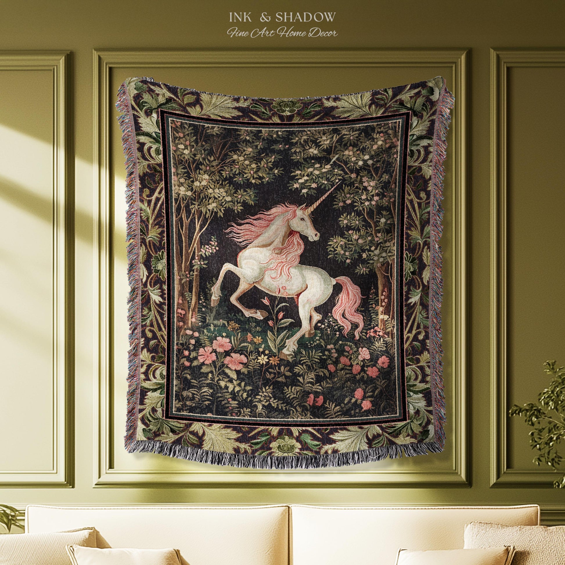 Whimsical Enchanted Unicorn Blanket Victorian Gothic Tapestry Blanket | Dark Cottagecore Throw Renaissance Folklore Baroque Aesthetic Decor
