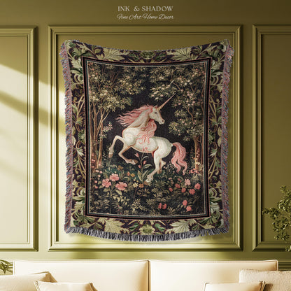 Whimsical Enchanted Unicorn Blanket Victorian Gothic Tapestry Blanket | Dark Cottagecore Throw Renaissance Folklore Baroque Aesthetic Decor
