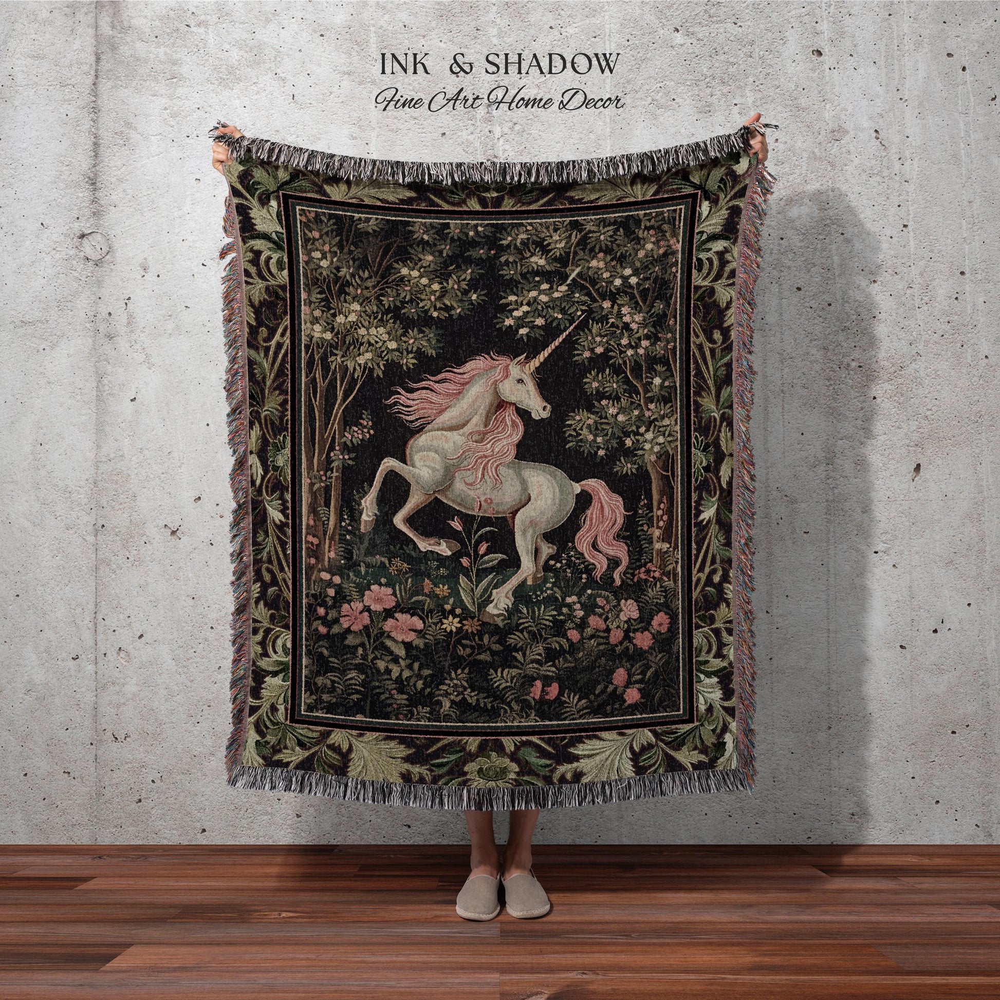Whimsical Enchanted Unicorn Blanket Victorian Gothic Tapestry Blanket | Dark Cottagecore Throw Renaissance Folklore Baroque Aesthetic Decor