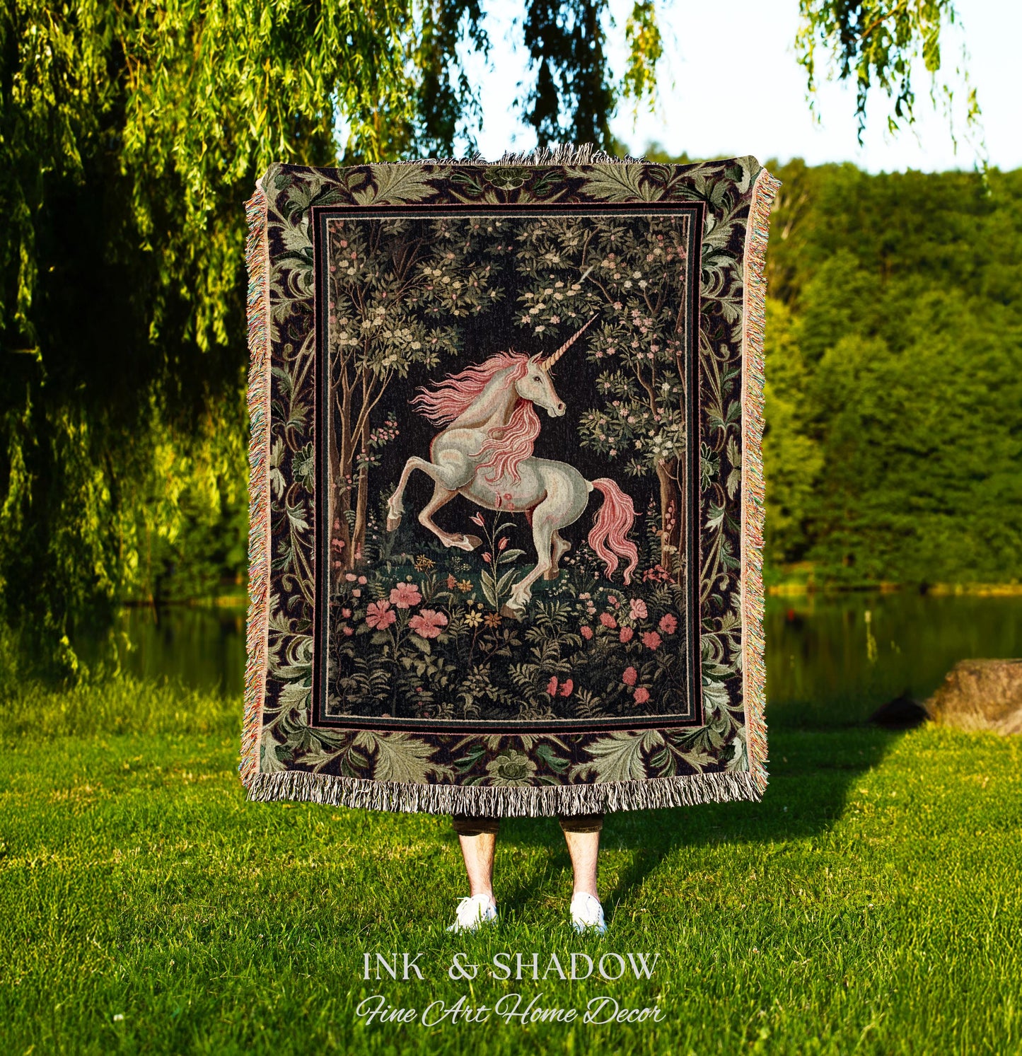 Whimsical Enchanted Unicorn Blanket Victorian Gothic Tapestry Blanket | Dark Cottagecore Throw Renaissance Folklore Baroque Aesthetic Decor